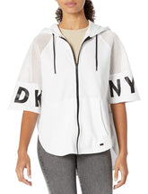 DKNY Women's Hooded Anorak Zip Up Poncho Jacket, White Zip Up Poncho Jacket, M